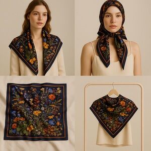 Floral Silk Scarf in Navy and Orange
